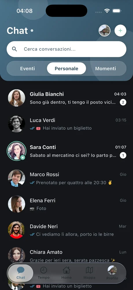 Schermata Chat dell'app Temposy: conversazioni con gli amici e gruppi degli eventi