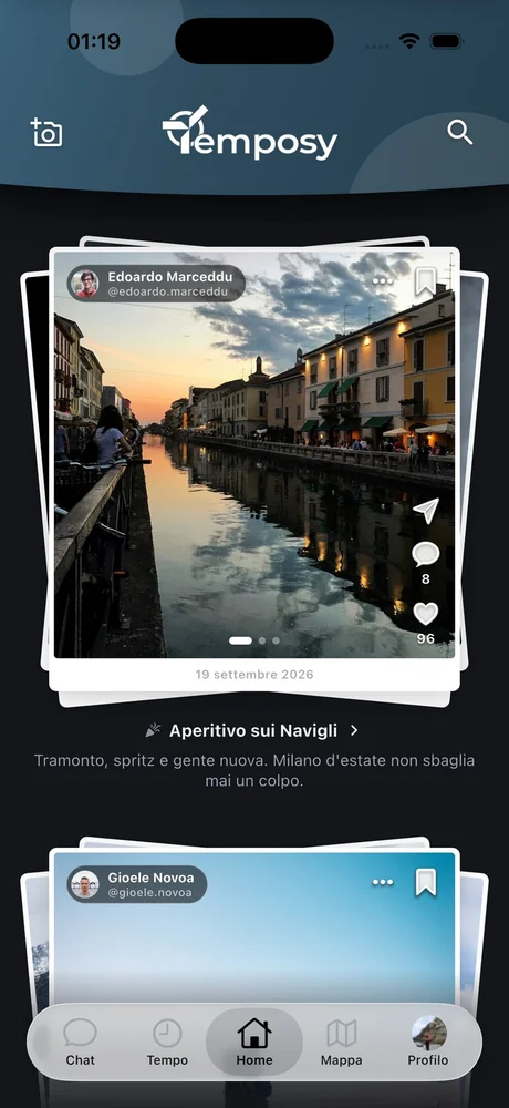 Schermata Home dell'app Temposy: le tracce e i momenti degli amici
