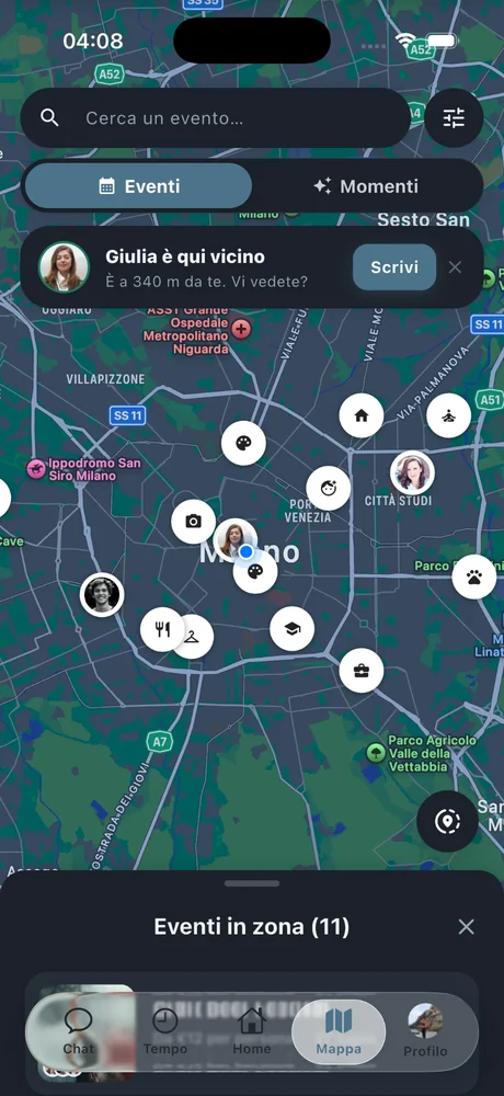 Schermata Mappa dell'app Temposy: eventi vicini e amici in giro per la città