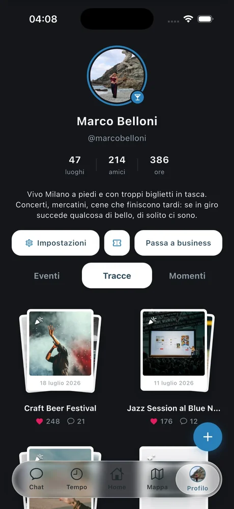 Schermata Profilo dell'app Temposy: le tracce delle esperienze vissute