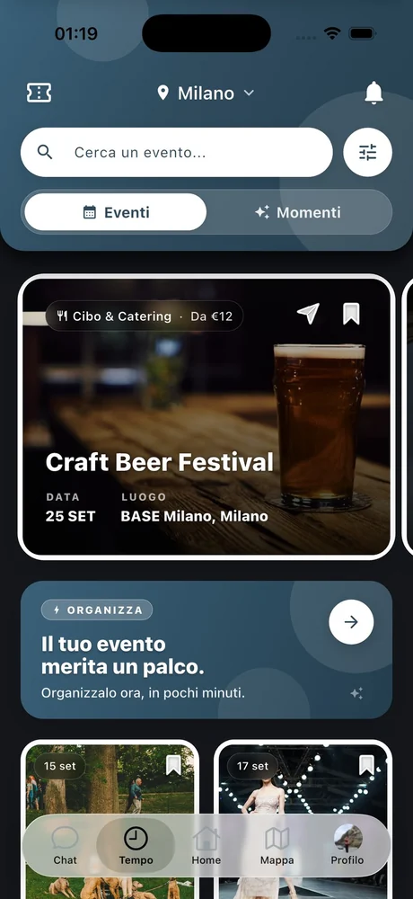 Schermata Tempo dell'app Temposy: gli eventi e i momenti disponibili a Milano